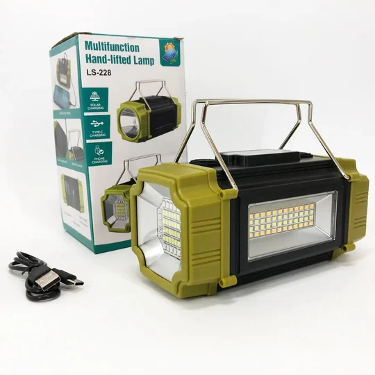 مصباح وكشاف LED قوي متعدد الوظائف LS-228 قابل للشحن بالطاقة الشمسية وUSB Type-C، مع إضاءة أمامية وجانبية وباور بانك لشحن الهاتف، مثالي لانقطاع الكهرباء والتخييم والرحلات والسيارة والطوارئ