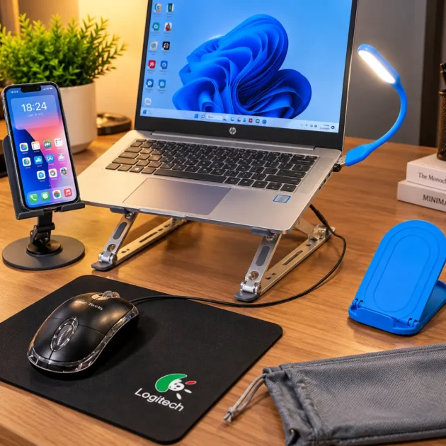 باك المكتب الذكي 6 في 1 💻 | حامل لابتوب ألمنيوم قابل للتعديل + حامل هاتف معدني + حامل هاتف إضافي + مصباح USB + فأرة + بساط فأرة – راحة وتنظيم أكثر في العمل والدراسة
